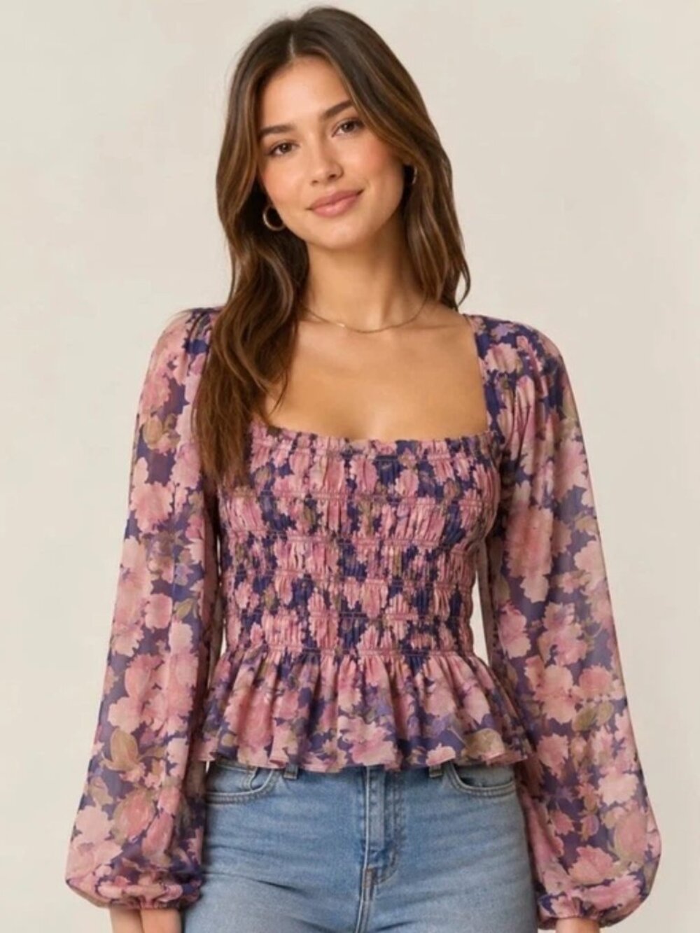 Astr by Anthropologie Floral pintuck Smocked Peplum Blouse - Pink & Purple